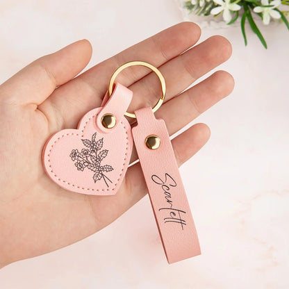 Personalized Name Birth Flower Leather Keychain