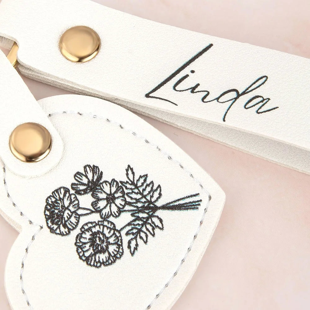 Personalized Name Birth Flower Leather Keychain