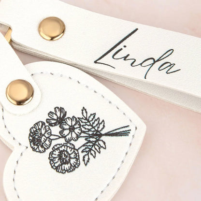 Personalized Name Birth Flower Leather Keychain