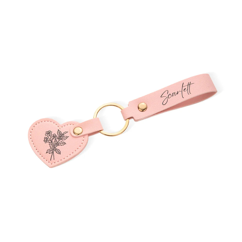 Personalized Name Birth Flower Leather Keychain