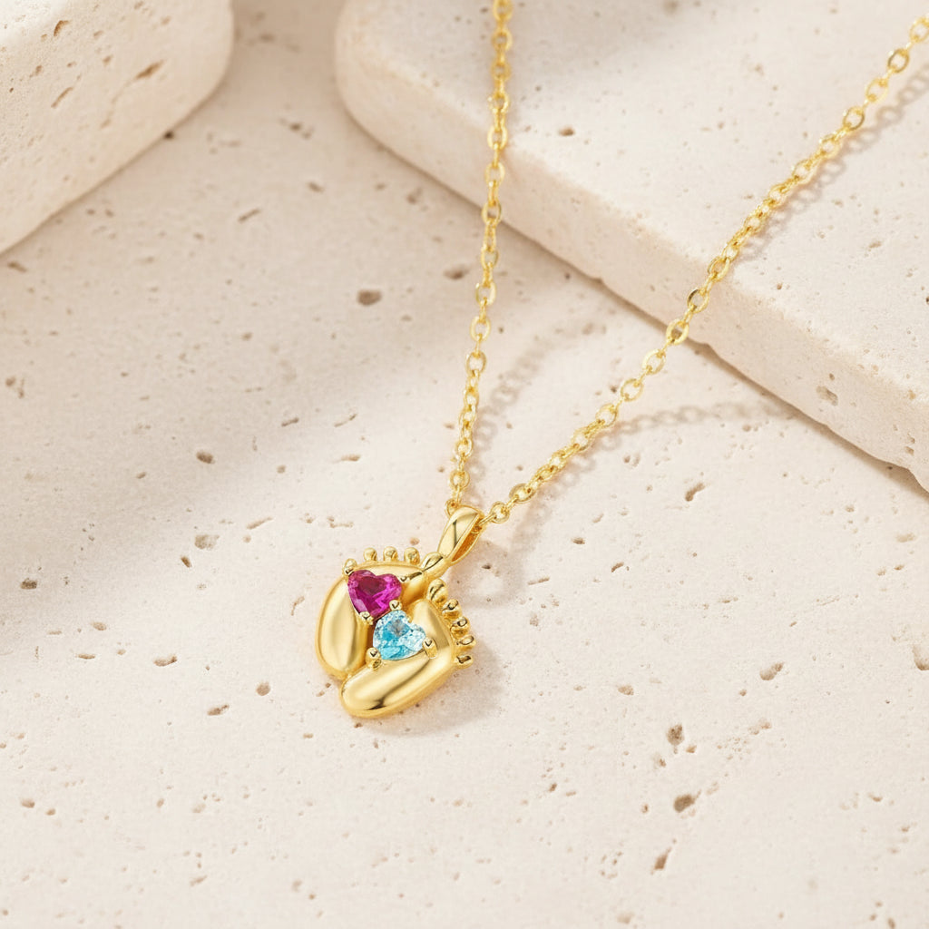 Custom Baby Feet Double Birthstone Necklace