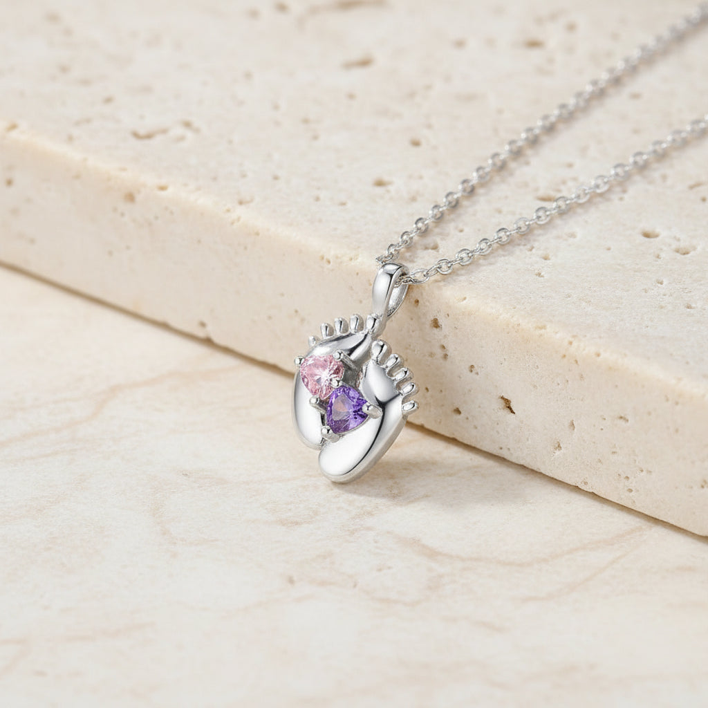 Custom Baby Feet Double Birthstone Necklace