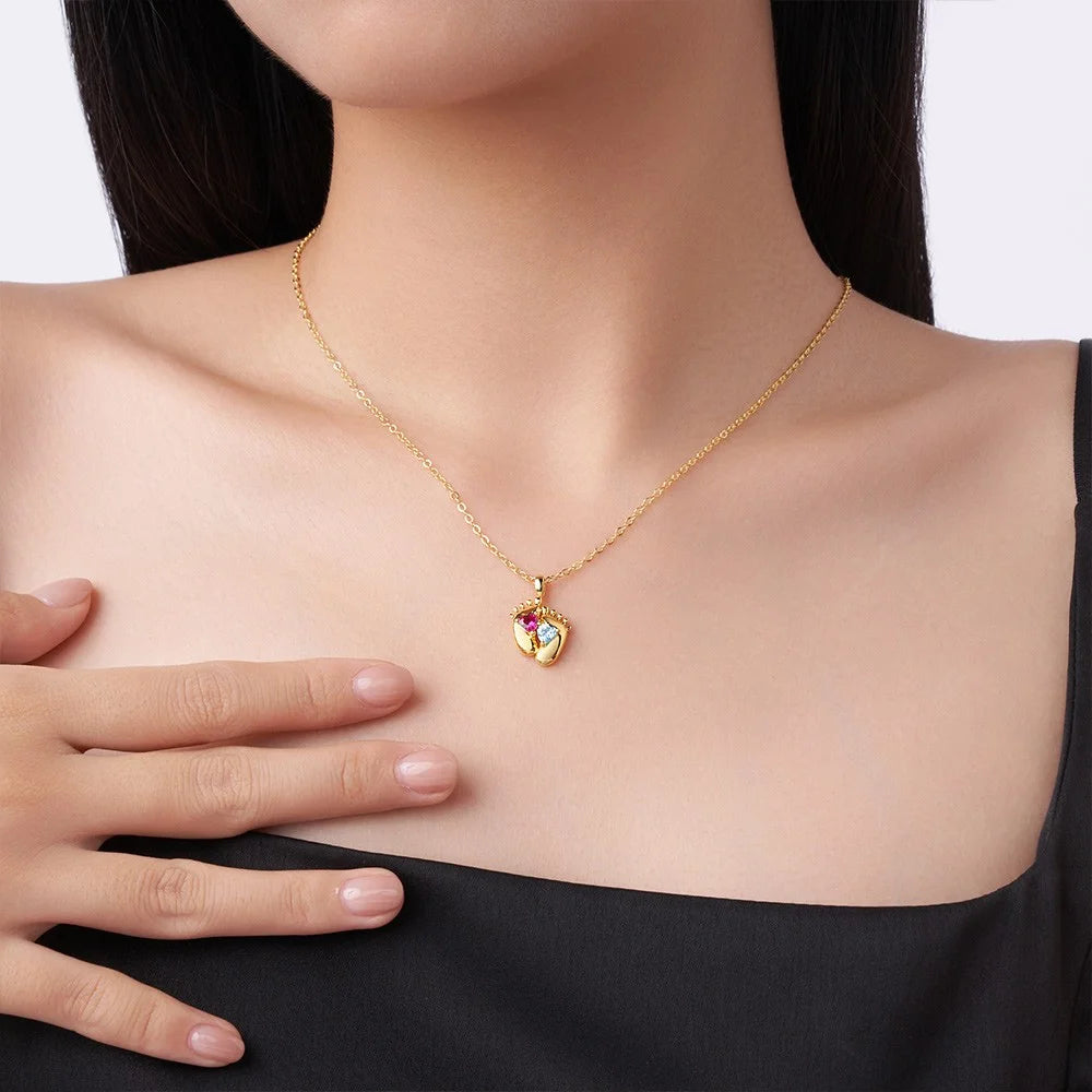 Custom Baby Feet Double Birthstone Necklace