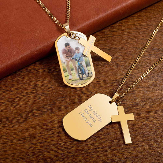 Personalized Photo Dog Tag Necklace with Cross Charm
