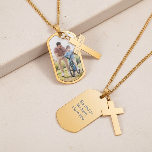 Personalized Photo Dog Tag Necklace with Cross Charm