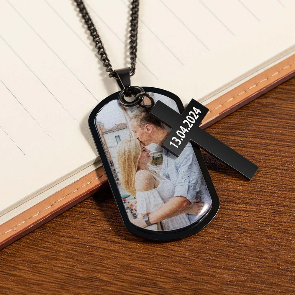 Personalized Photo Dog Tag Necklace with Cross Charm
