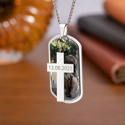 Personalized Photo Dog Tag Necklace with Cross Charm