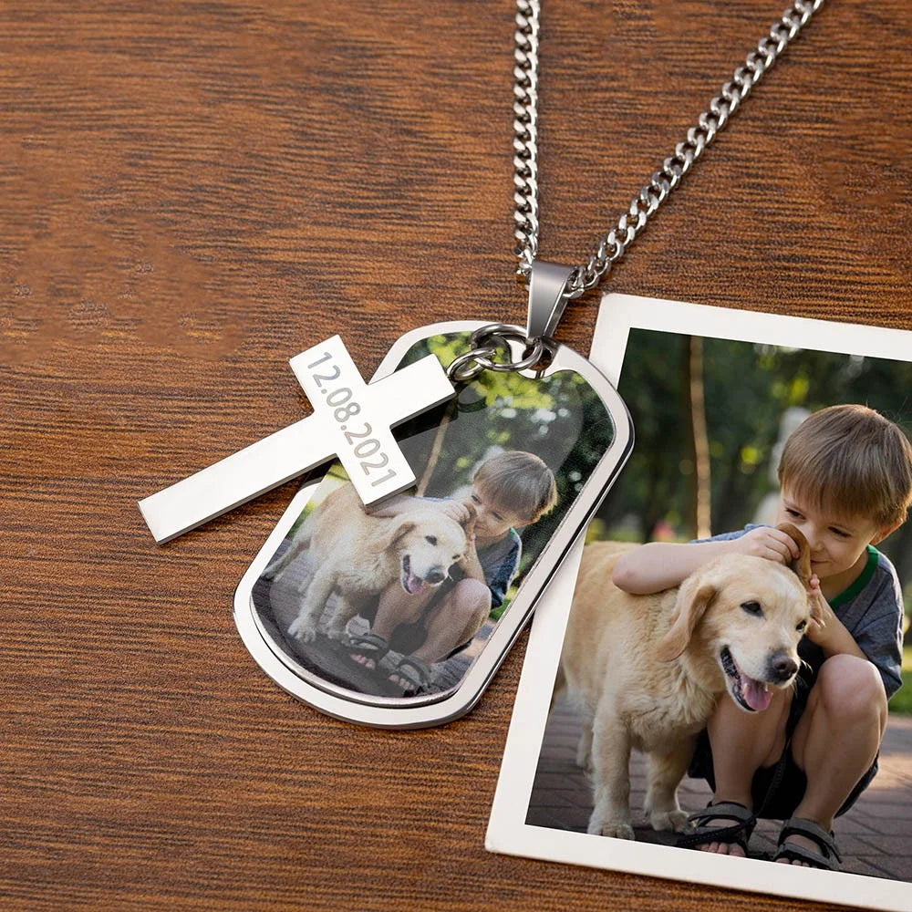 Personalized Photo Dog Tag Necklace with Cross Charm