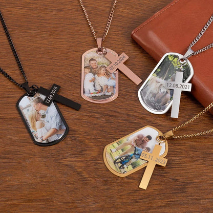 Personalized Photo Dog Tag Necklace with Cross Charm