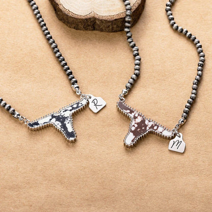 Personalized Cow Navajo Pearl Necklace with Initial Ear Tag