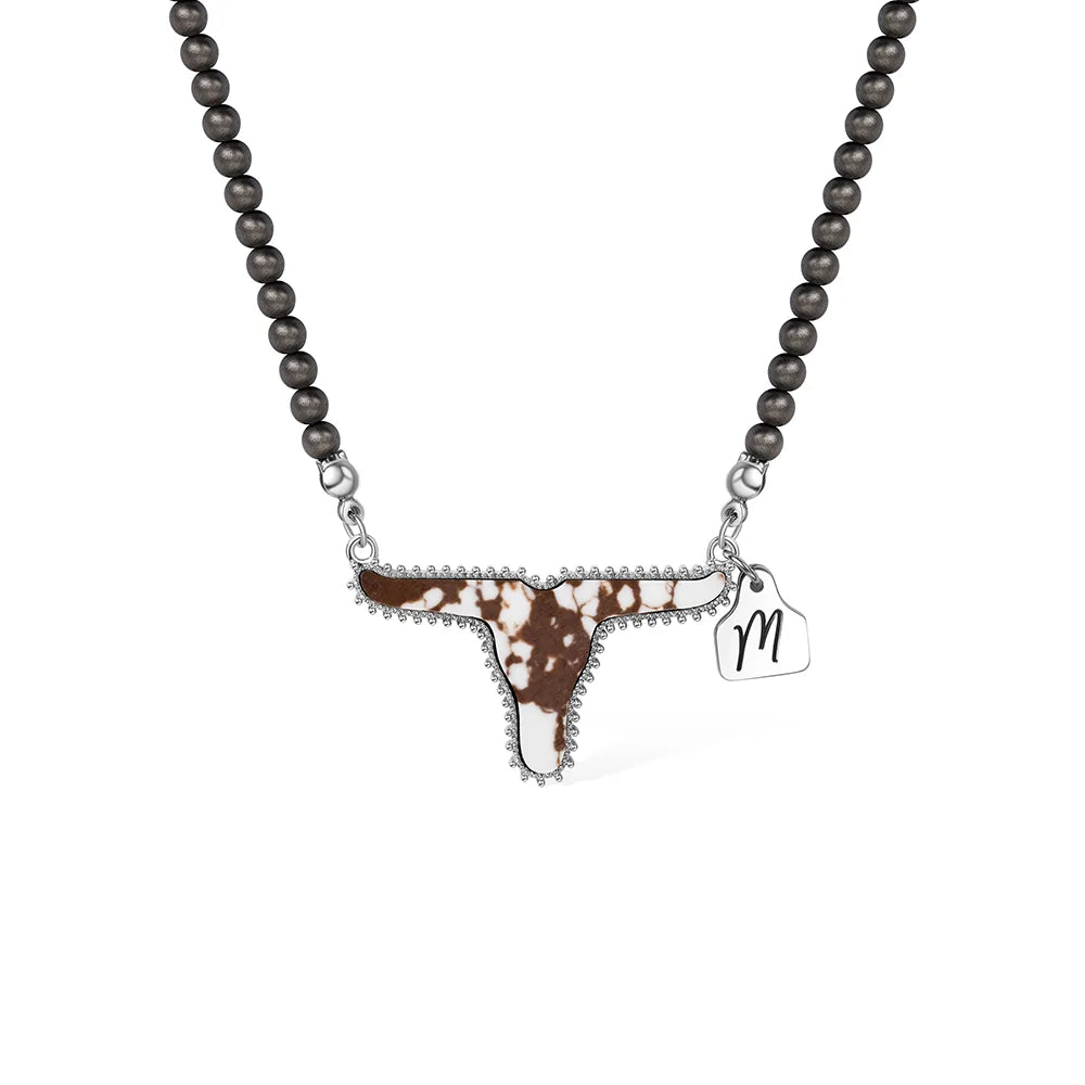 Personalized Cow Navajo Pearl Necklace with Initial Ear Tag