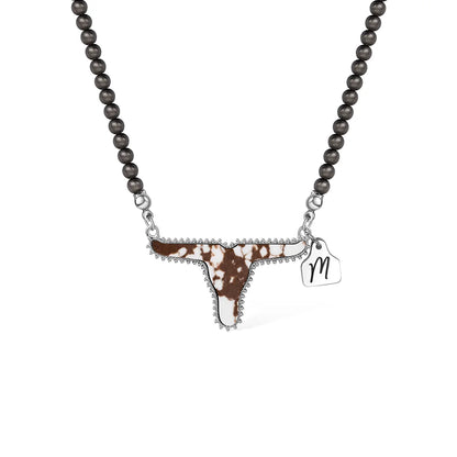 Personalized Cow Navajo Pearl Necklace with Initial Ear Tag