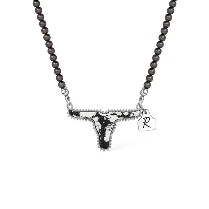 Personalized Cow Navajo Pearl Necklace with Initial Ear Tag