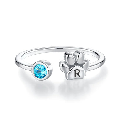 Custom Pet Paw Initial Birthstone Ring
