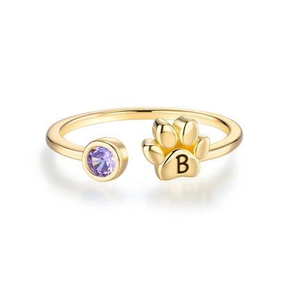 Custom Pet Paw Initial Birthstone Ring