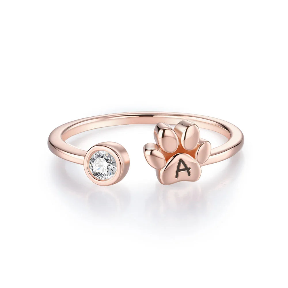 Custom Pet Paw Initial Birthstone Ring