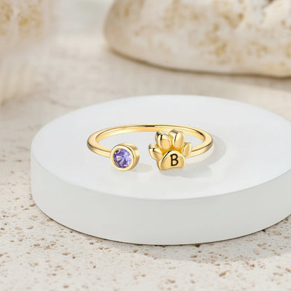 Custom Pet Paw Initial Birthstone Ring
