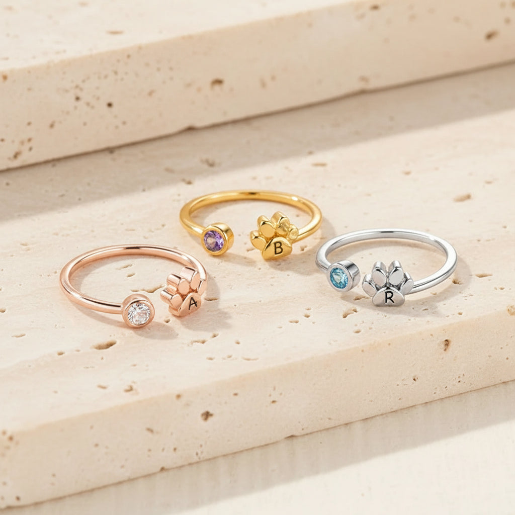 Custom Pet Paw Initial Birthstone Ring