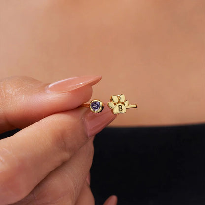 Custom Pet Paw Initial Birthstone Ring