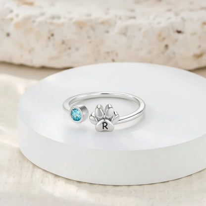 Custom Pet Paw Initial Birthstone Ring