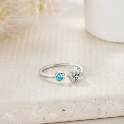Custom Pet Paw Initial Birthstone Ring