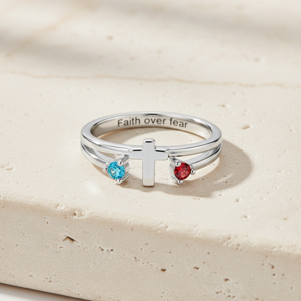 Custom Two Birthstones Engraved Cross Ring