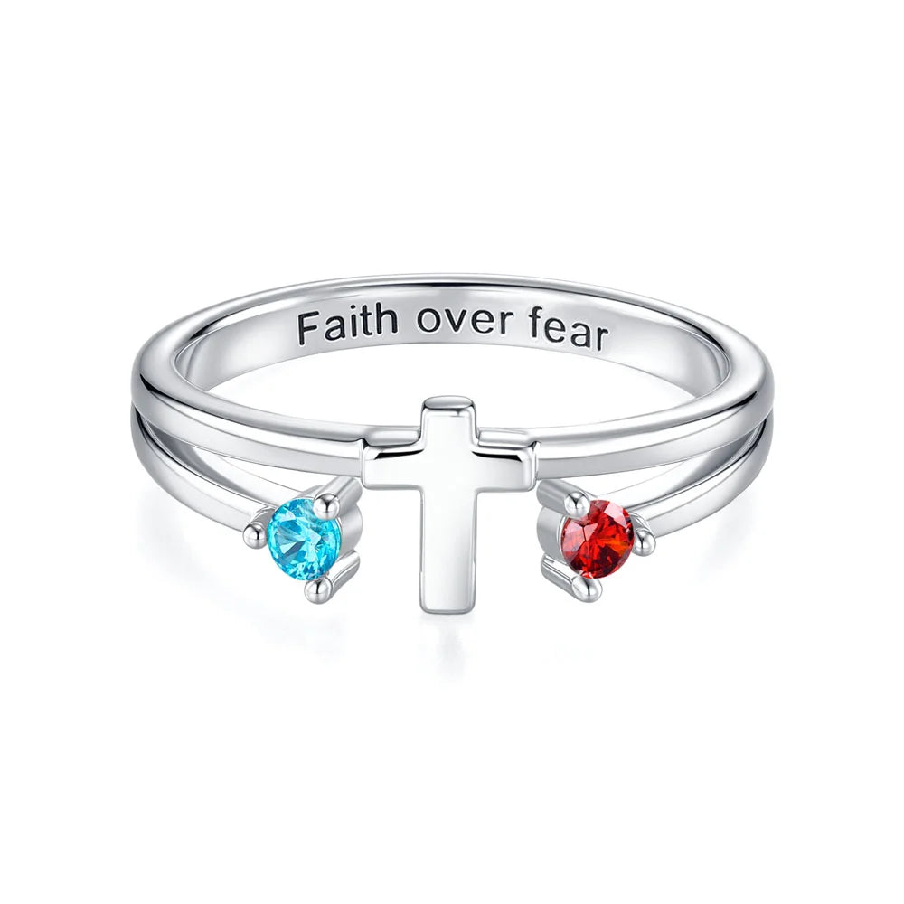 Custom Two Birthstones Engraved Cross Ring