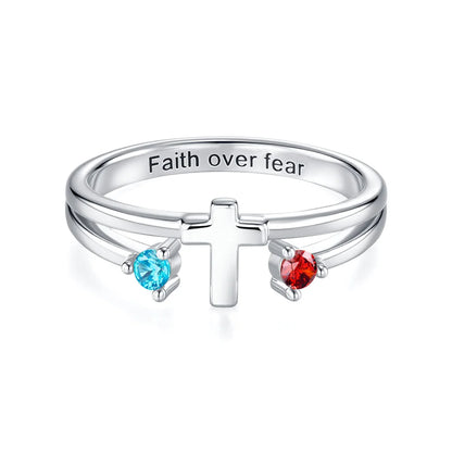 Custom Two Birthstones Engraved Cross Ring