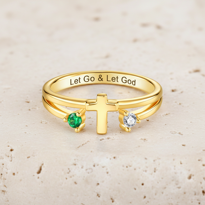 Custom Two Birthstones Engraved Cross Ring