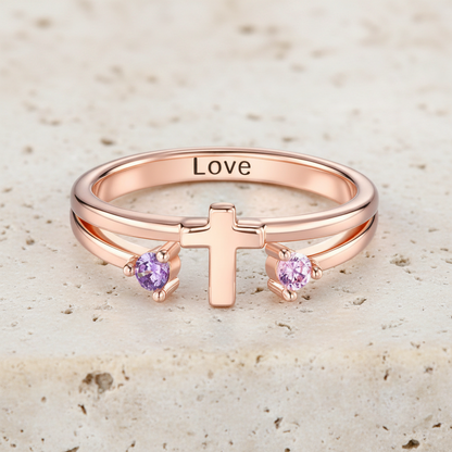 Custom Two Birthstones Engraved Cross Ring