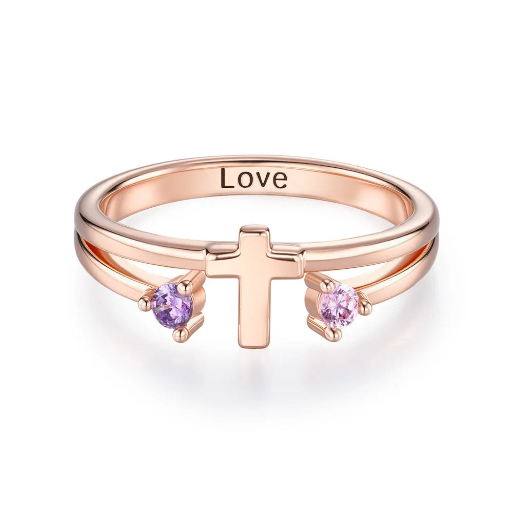 Custom Two Birthstones Engraved Cross Ring