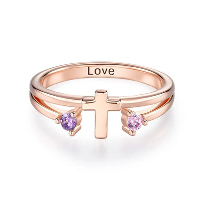 Custom Two Birthstones Engraved Cross Ring