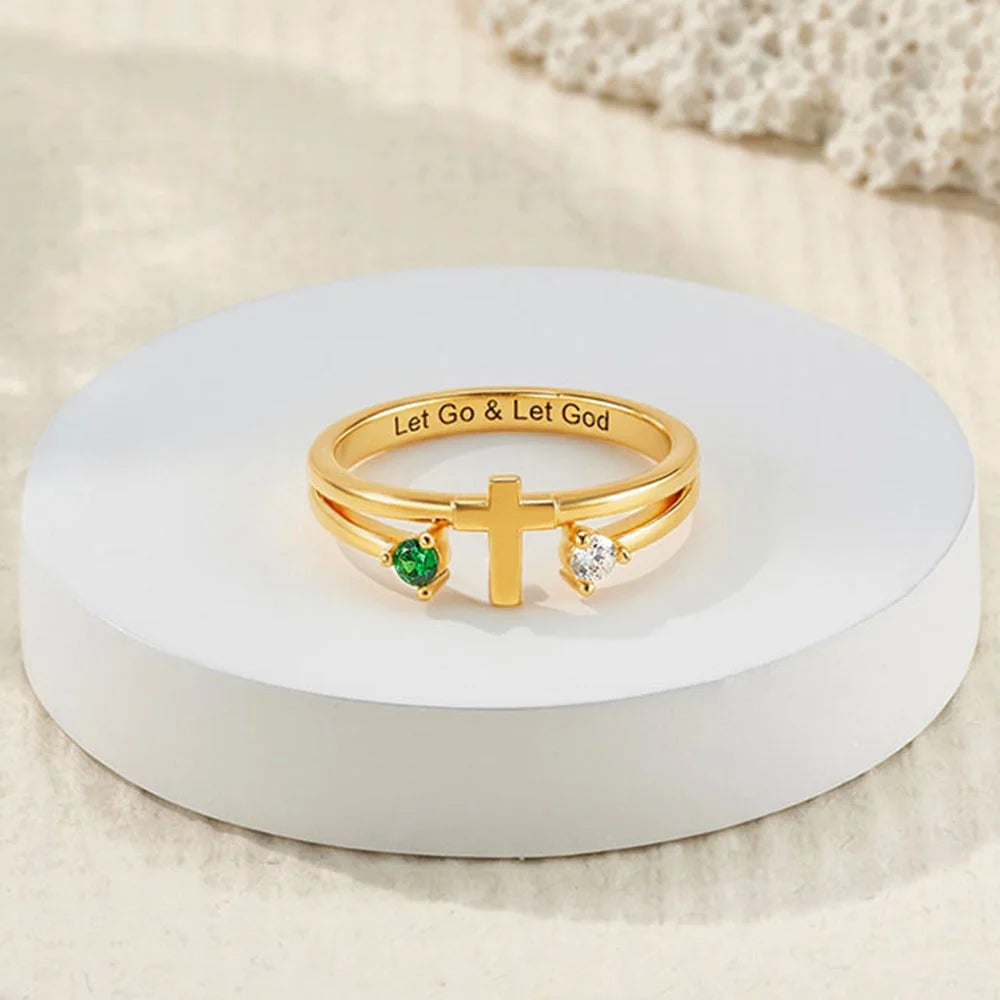 Custom Two Birthstones Engraved Cross Ring