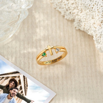 Custom Two Birthstones Engraved Cross Ring