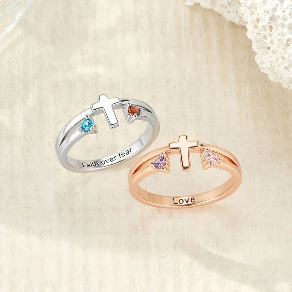 Custom Two Birthstones Engraved Cross Ring