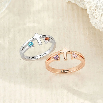 Custom Two Birthstones Engraved Cross Ring