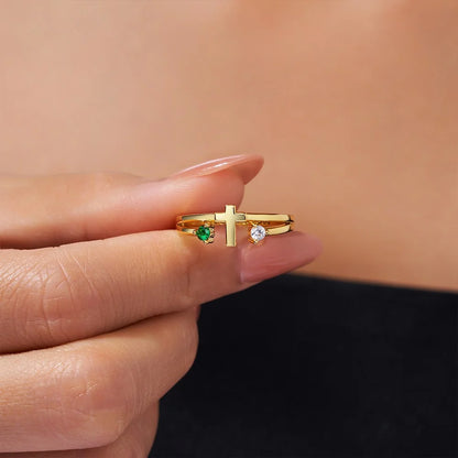 Custom Two Birthstones Engraved Cross Ring