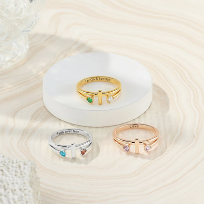 Custom Two Birthstones Engraved Cross Ring
