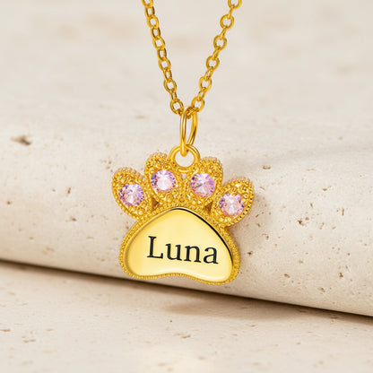 Custom Engraved Name Pet Paw Necklace with Birthstones