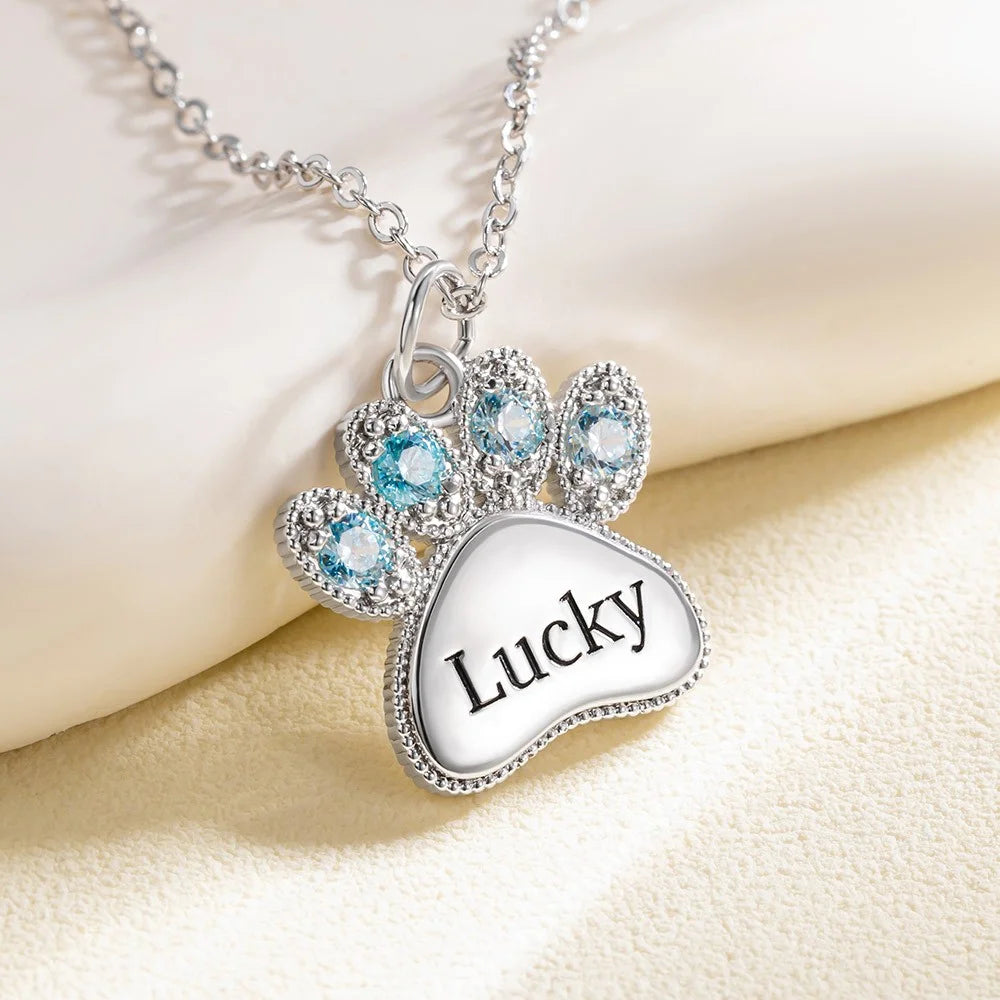 Custom Engraved Name Pet Paw Necklace with Birthstones