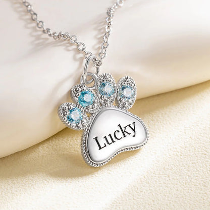 Custom Engraved Name Pet Paw Necklace with Birthstones