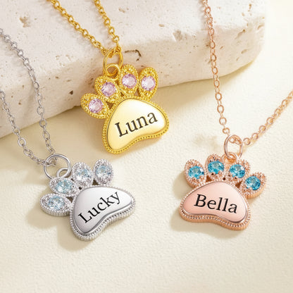 Custom Engraved Name Pet Paw Necklace with Birthstones