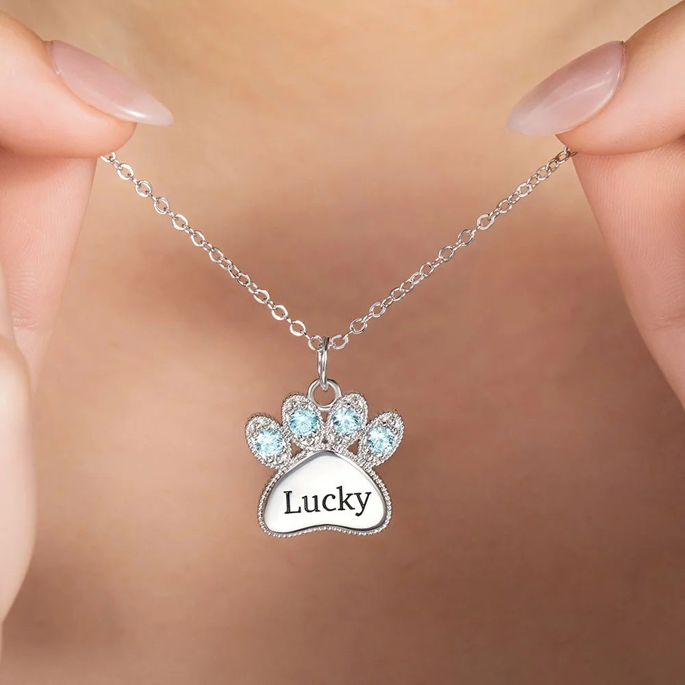 Custom Engraved Name Pet Paw Necklace with Birthstones