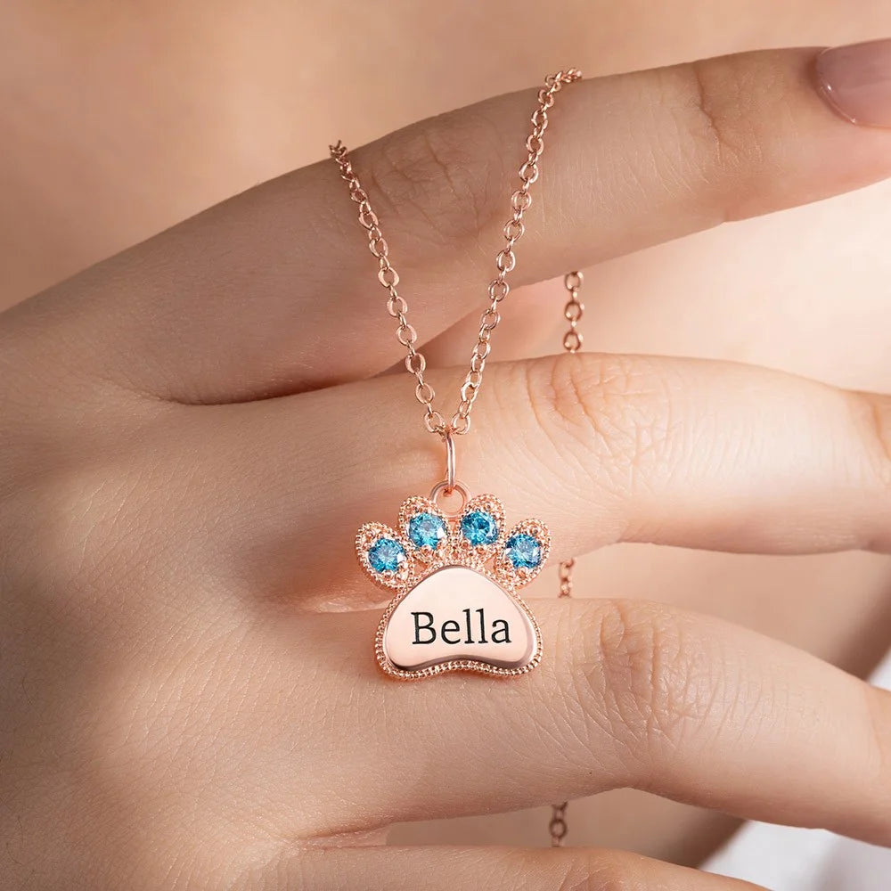 Custom Engraved Name Pet Paw Necklace with Birthstones
