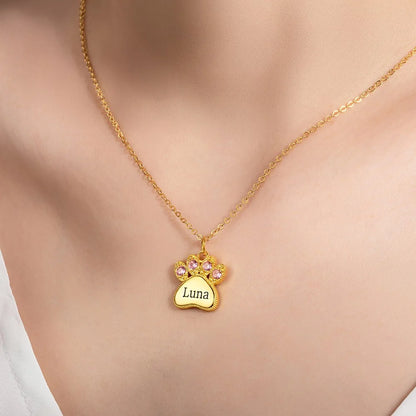 Custom Engraved Name Pet Paw Necklace with Birthstones