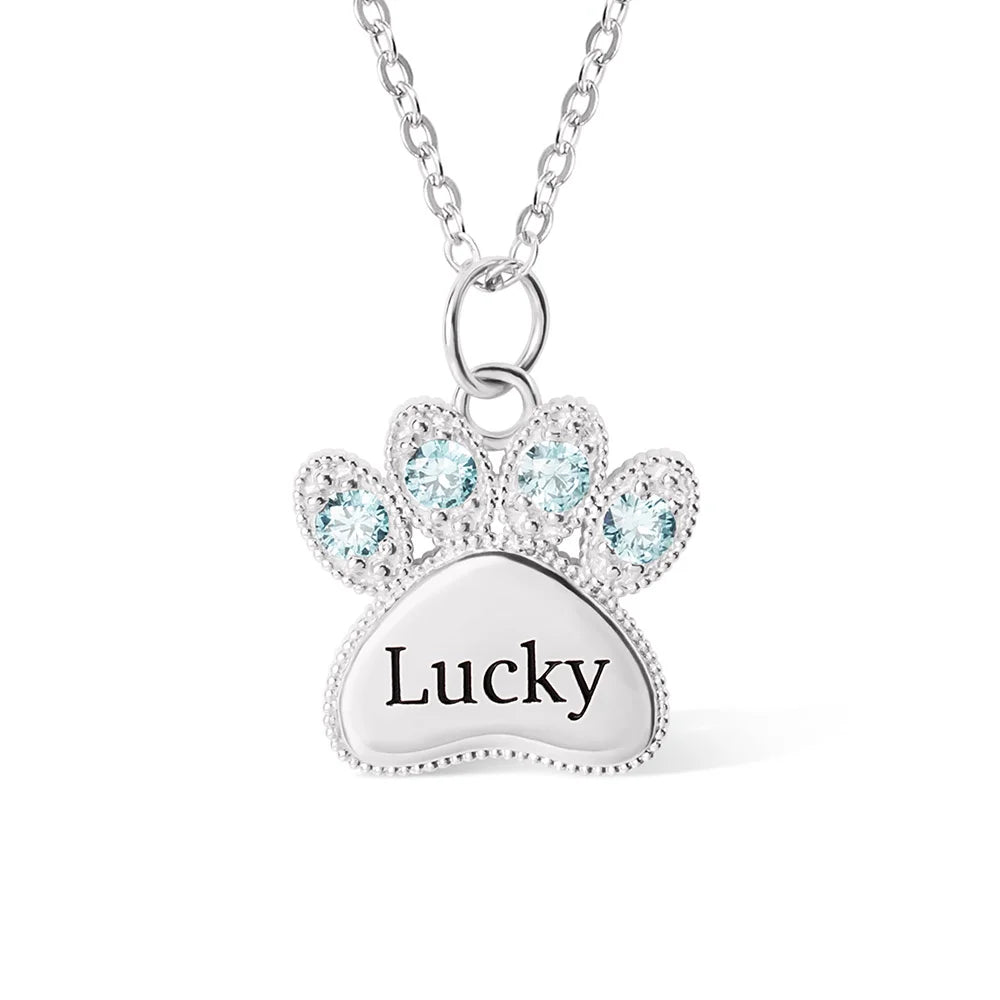 Custom Engraved Name Pet Paw Necklace with Birthstones
