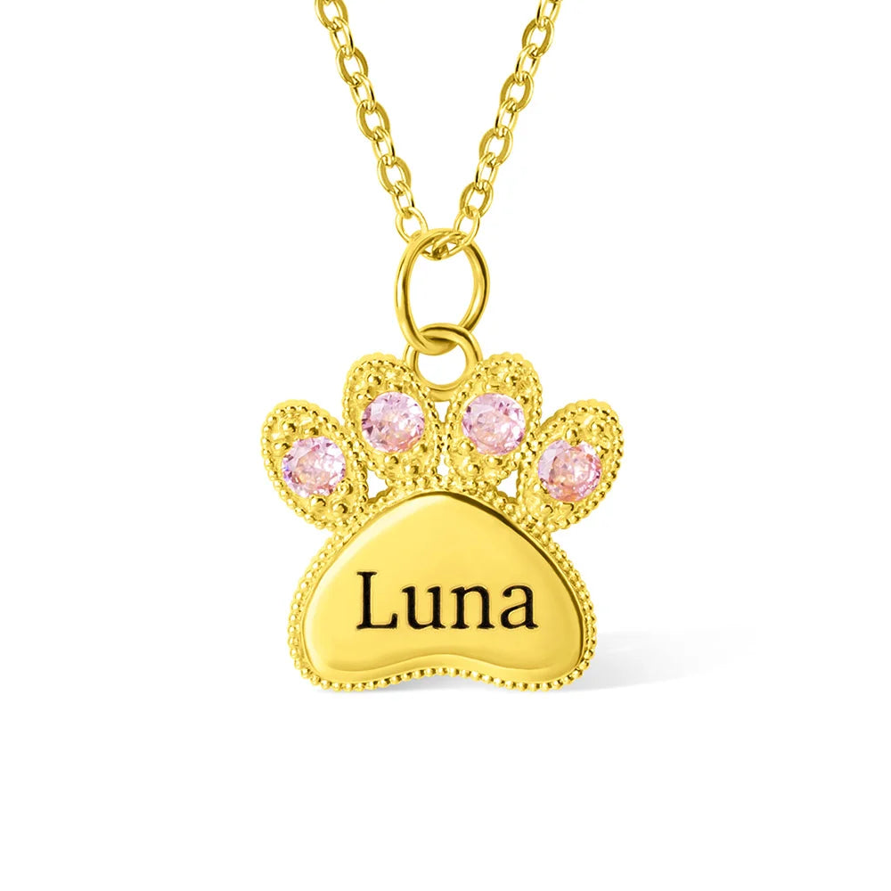 Custom Engraved Name Pet Paw Necklace with Birthstones