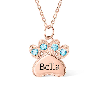 Custom Engraved Name Pet Paw Necklace with Birthstones