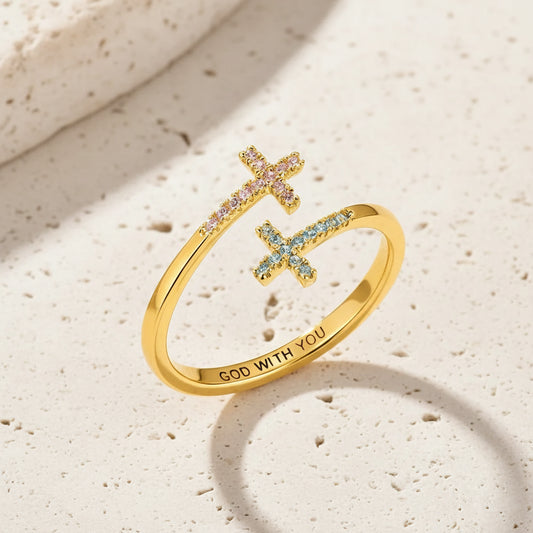 Custom Engraved Double Birthstone Cross Ring
