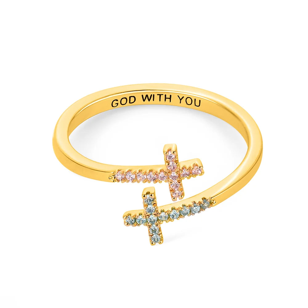 Custom Engraved Double Birthstone Cross Ring